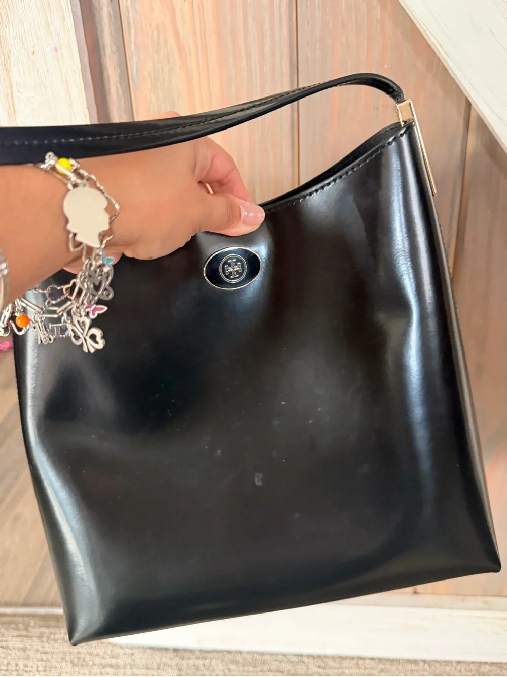 Tory Burch Black Patent Leather Shoulder Bag with Card Holder